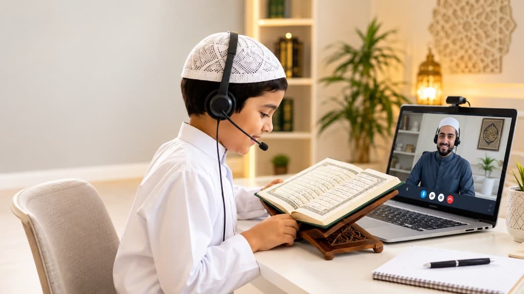 A student learning Quran online with a teacher on a live call